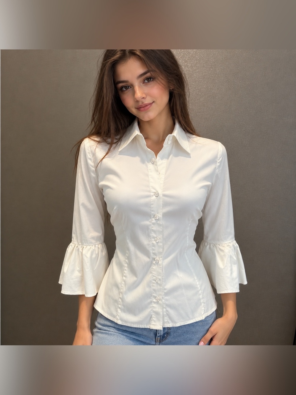 BCBGMAXAZRIA Womens Cream Ruffle Puff Sleeve Button Down Blouse Top Size XS
